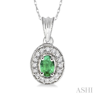 6x4 MM Oval Cut Emerald and 1/5 Ctw Round Cut Diamond Pendant in 14K White Gold with Chain